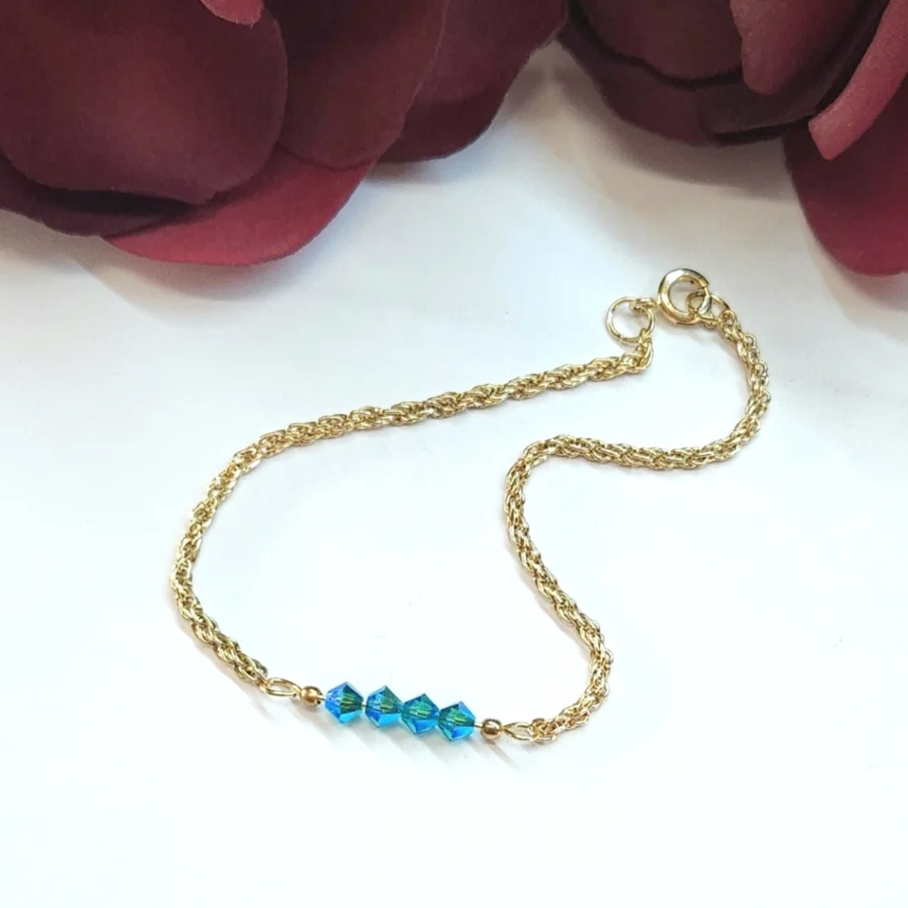 Handmade Teal Blue AB Crystal Bar Bracelet Gold Chain